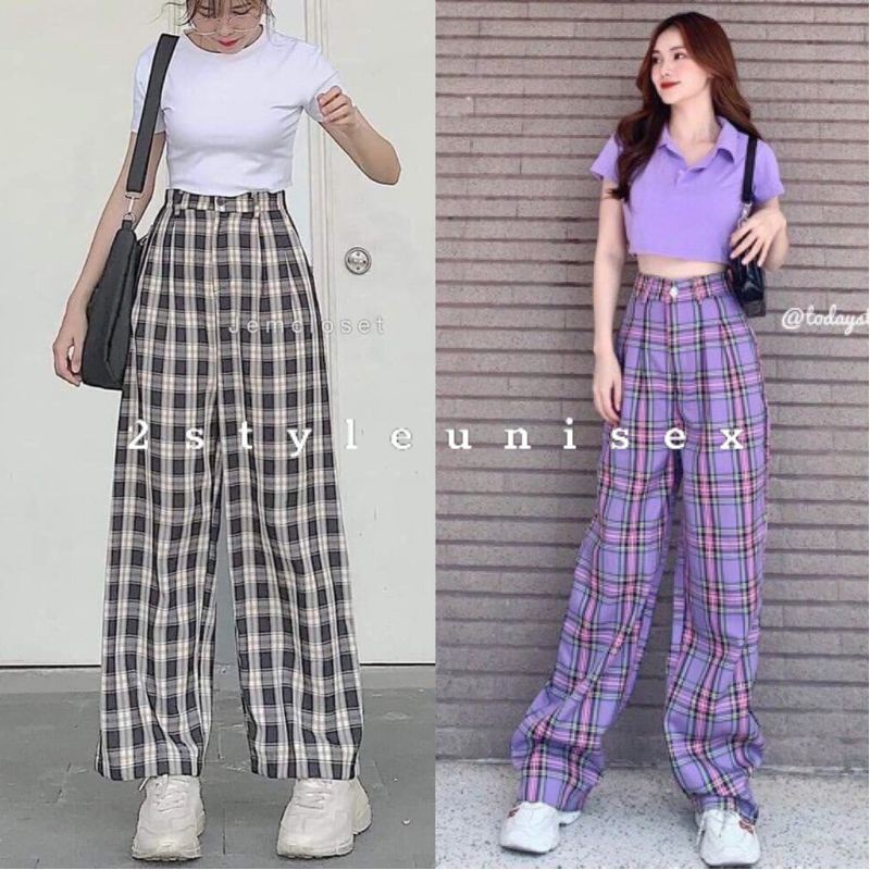 Quần kẻ caro giả cúc lưng thun cạp cao ống suông tôn dáng | BigBuy360 - bigbuy360.vn