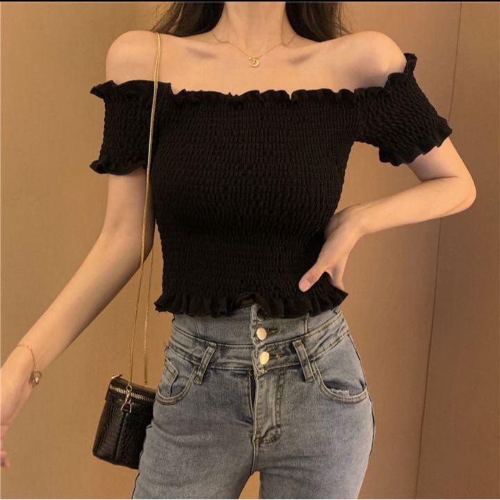 [ Mã FADI5K245 giảm 5K đơn bất kỳ] Xả Kho 1125A11B1 Áo trễ vai tay con voan nhún kiểu croptop năng động, cá tính Xả Kho