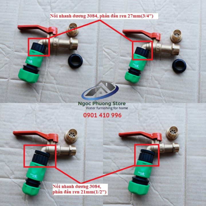 Cút nối nhanh dương W3084 AQUAMATE ĐÀI LOAN, đầu còn lại nối vòi nước ren ngoài 21mm hoặc 27mm