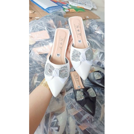 Dép Sục Bệt Đính Nơ Kim Tuyến Nữ Mũi Nhọn Cao 3 Phân ( ảnh chụp thật)