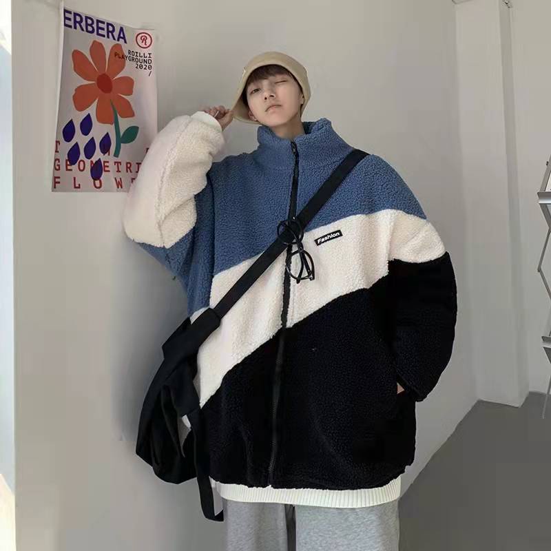 Áo khoác cotton len lông cừu dáng rộng cổ cao phối ba màu thời trang cho nam và nữ