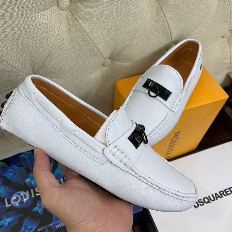 Giày lười da nam Hermest đế âm khâu 4 màu đen, trắng, xanh, xám GL08