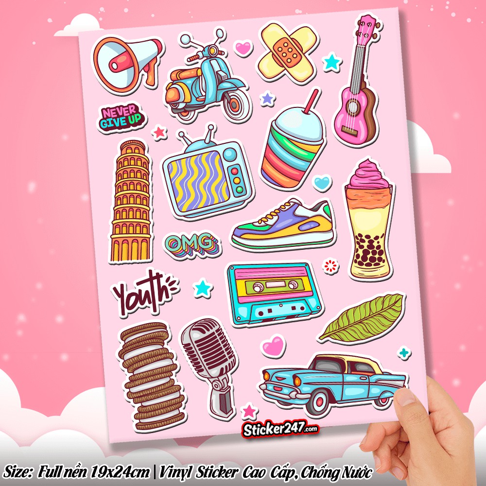 Sticker cute, vintage mix 𝑭𝒓𝒆𝒆𝒔𝒉𝒊𝒑 hình dán chống nước sticker dán laptop, điện thoại, đàn guitar, mũ bảo hiểm, vali...