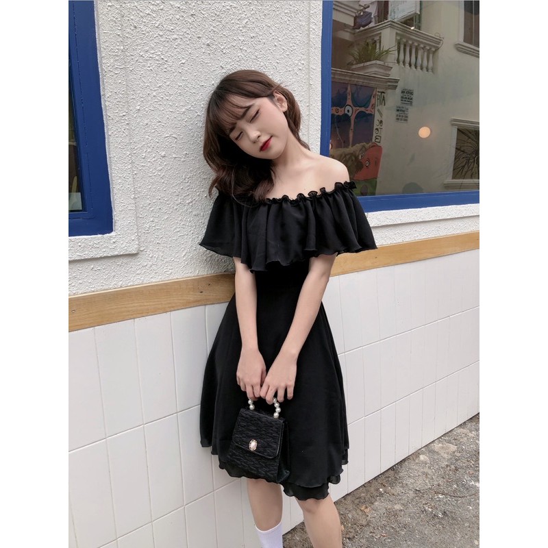 Đầm trễ vai lía trễ vai - màu trắng-màu đen