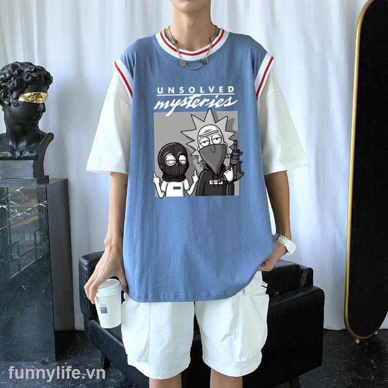 2021Fake two t-shirt male ins tide brand Summer loose Harajuku style short sleeve trend wild student oversize half sleeve