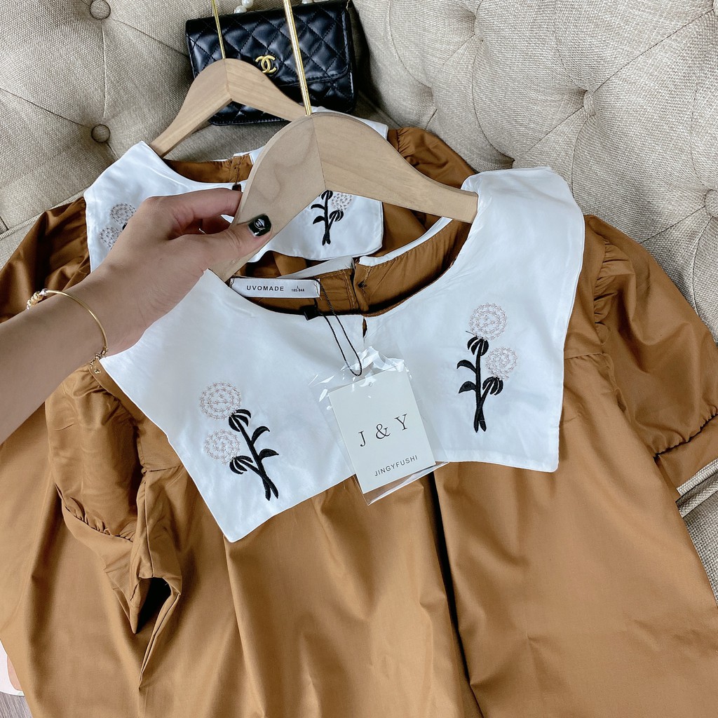 Áo Babydoll Nâu Tây Cổ Bèo Thêu Hoa | BigBuy360 - bigbuy360.vn