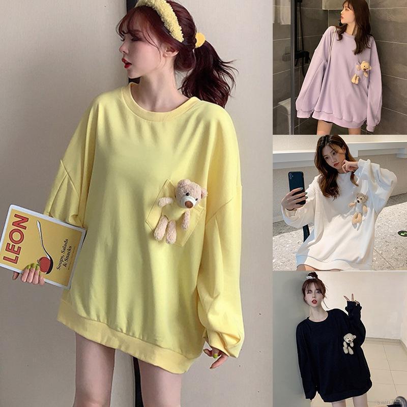 Áo Sweater Nữ Tay Dài Dáng Rộng In Hình Gấu Dễ Thương Phong Cách Hàn Quốc