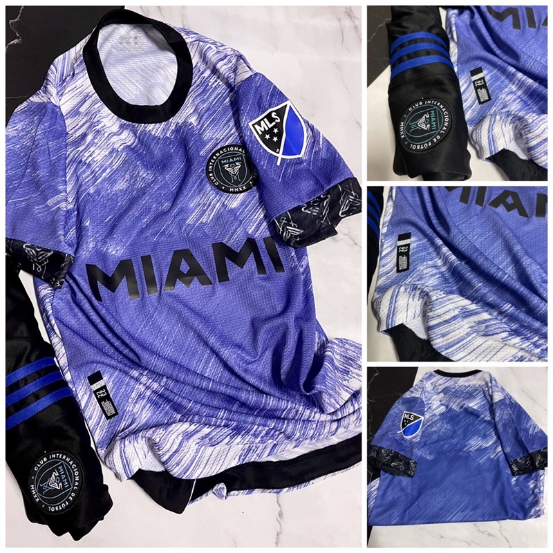 Set Bộ quần áo bóng đá thể thao nam nữ vải gai thái miami màu tím đen áo vạt đuôi tôm 2022 2023