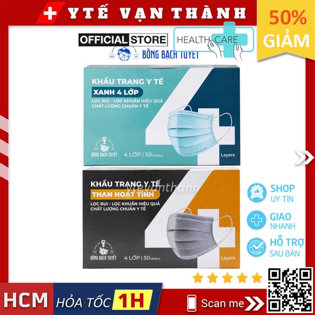 ✅ Khẩu Trang Y Tế- Bông Bạch Tuyết (Hộp 50 Cái - 4 Lớp) -VT0812