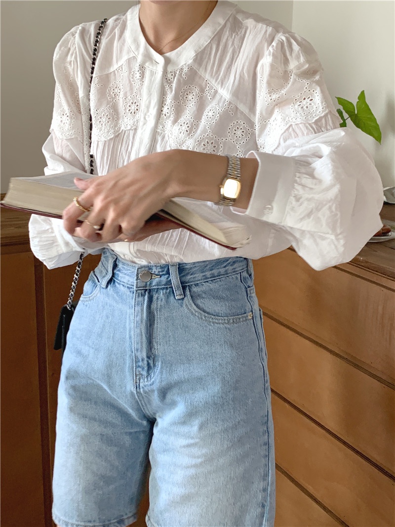 Áo Sơ Mi Dài Tay Phối Ren Phong Cách Retro Hàn Quốc 54027