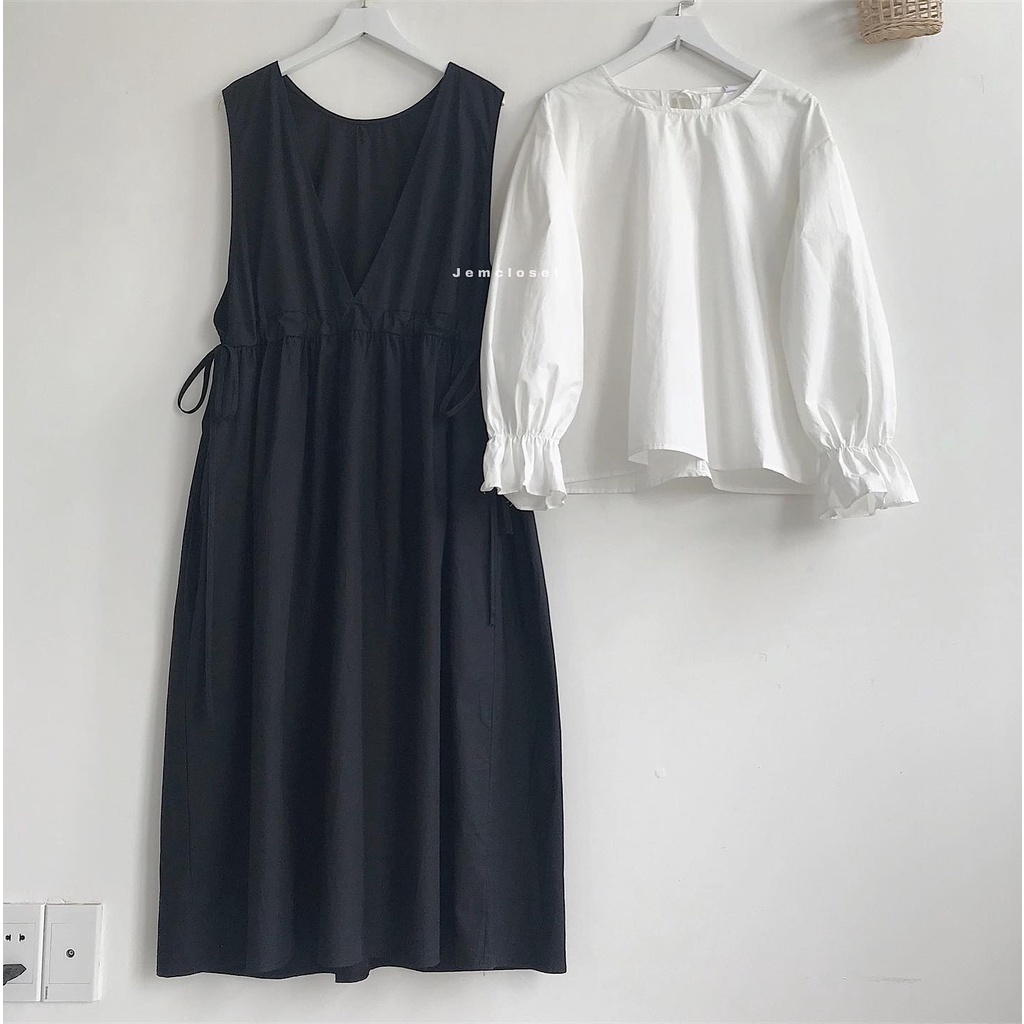 Áo Babydoll Nữ Form Rộng JEM CLOSET Áo Babydoll Tay Phồng Thắt Nơ Bánh Bèo Tiểu Thư 2 Màu Be Trắng ANY 1407