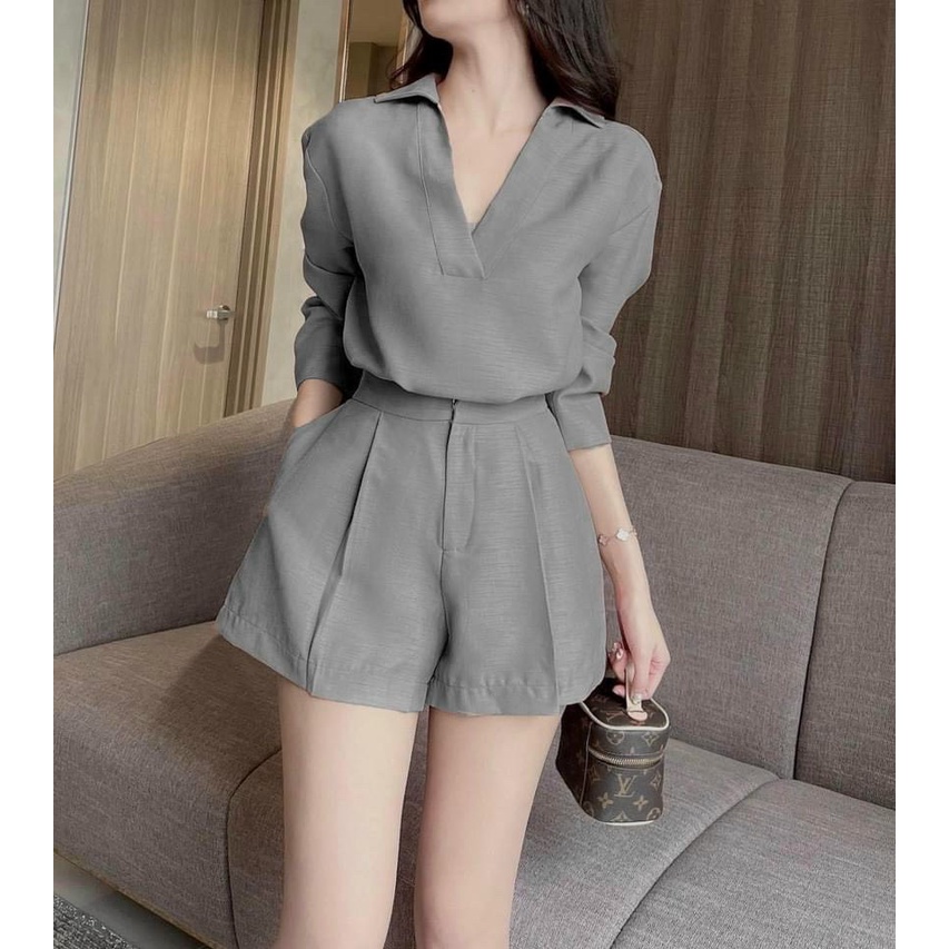 Sét bộ cộc áo sơ mi cổ chữ V phối quần cộc khóa vải thoáng mát 5 màu phong cách thời trang