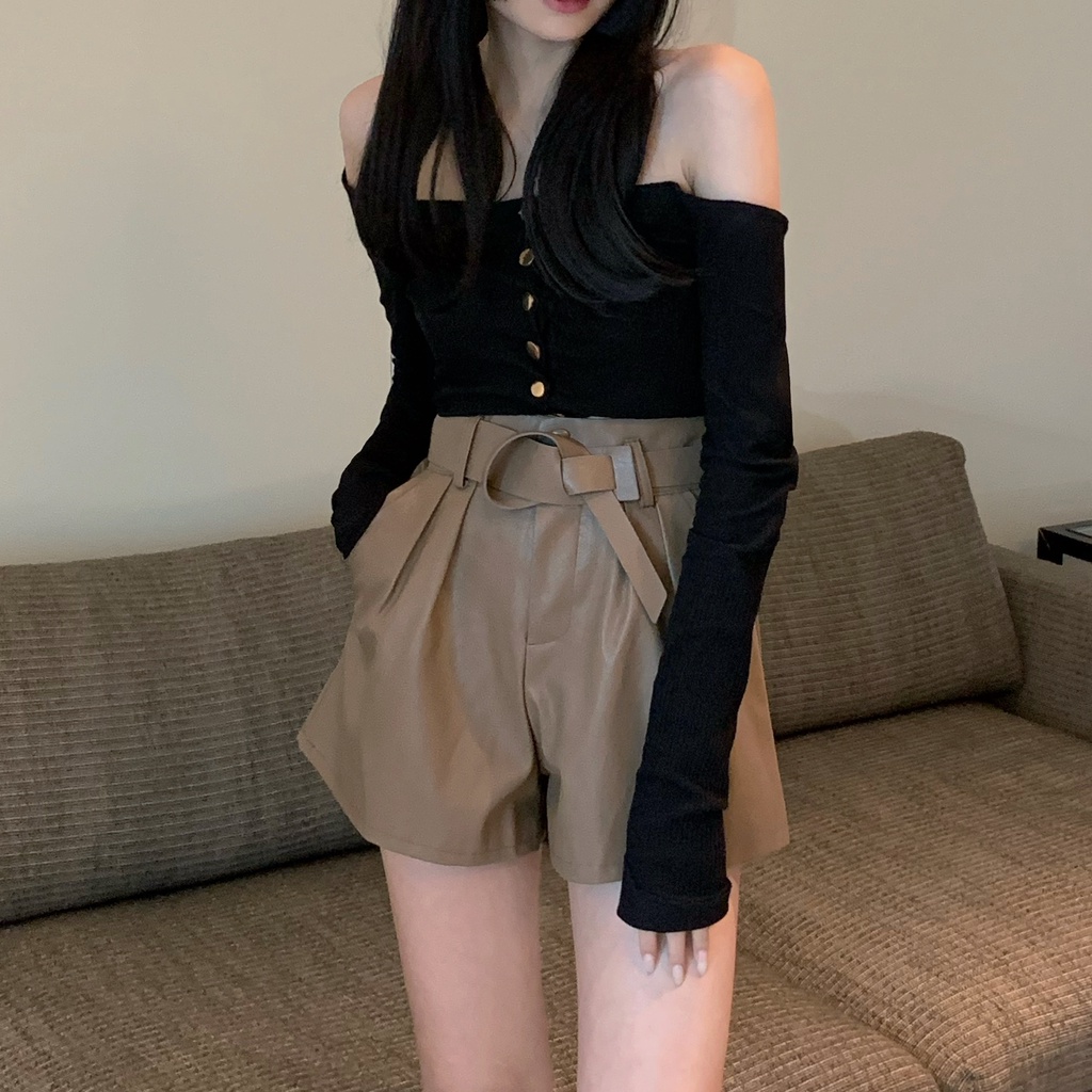 Quần Short Da Lưng Cao Ống Rộng Phong Cách Retro