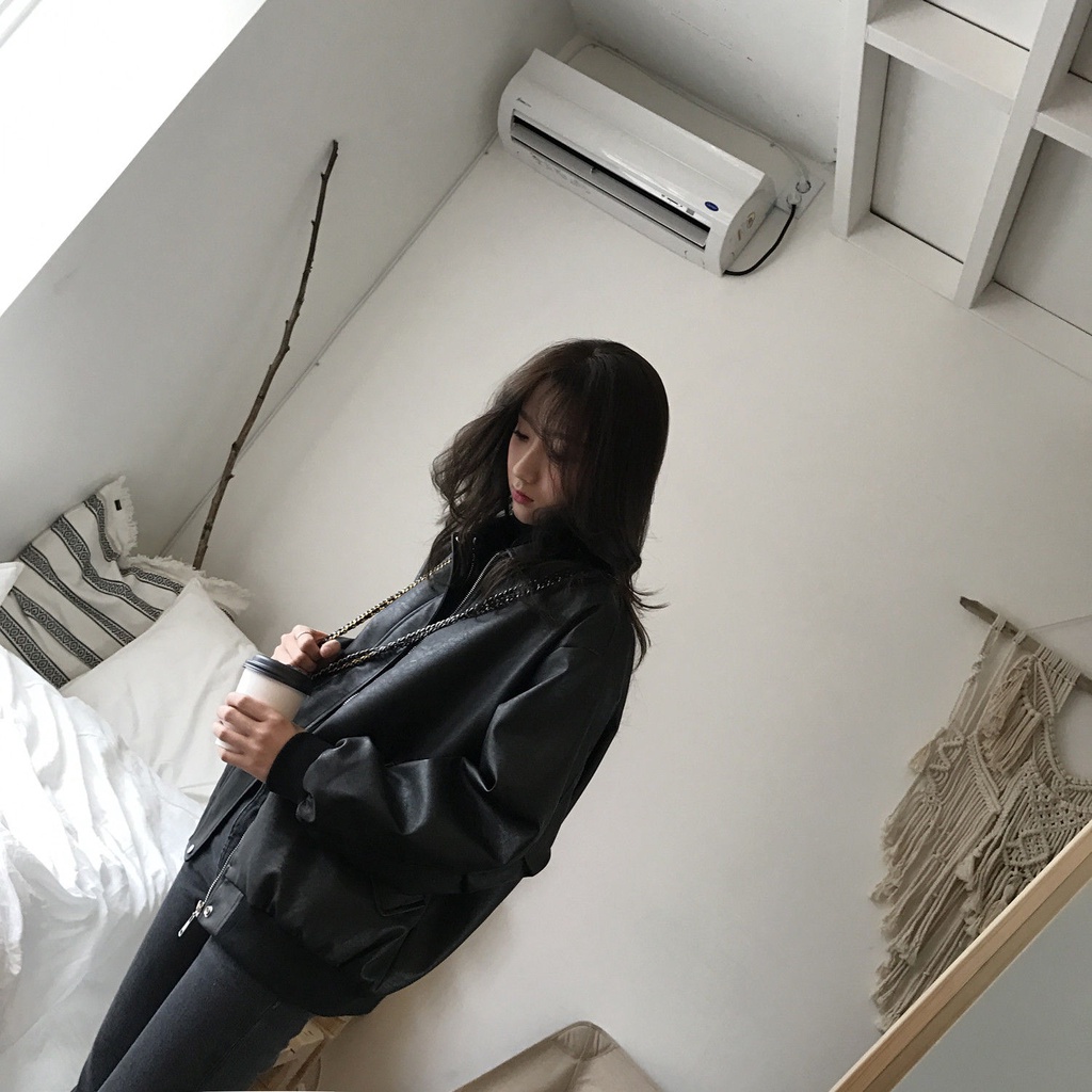 Áo khoác da PU phối vải lông dày cỡ lớn thời trang thu đông Hàn Quốc mới cho học sinh