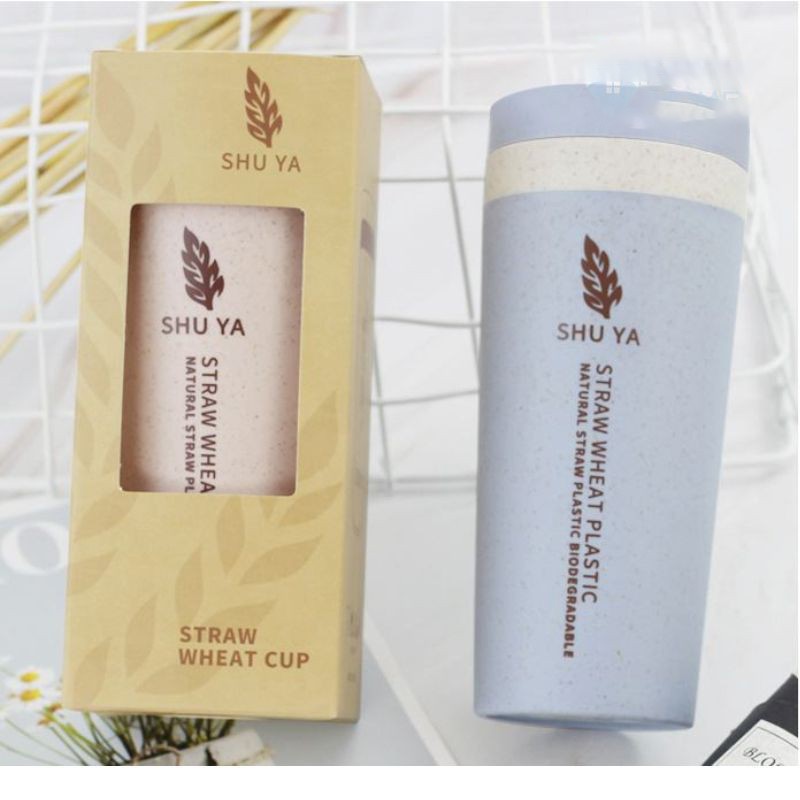 Bình Nước Nhựa Dễ Thương Đựng Trà Coffe Nắp Kín, Bình Nước Lúa Mạch 300ml