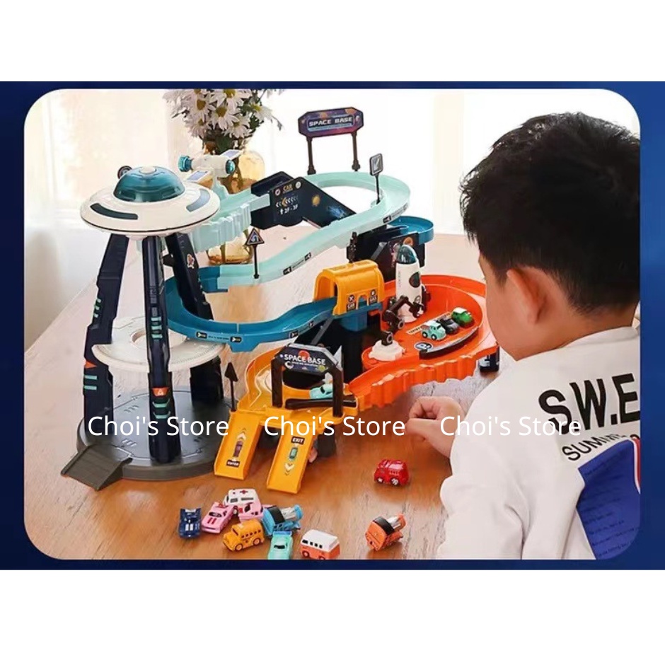 (kèm 4 xe nhỏ) Đường đua ô tô trạm du hành vũ trụ, đồ chơi bãi đậu xe gara ô tô có thang máy tự động