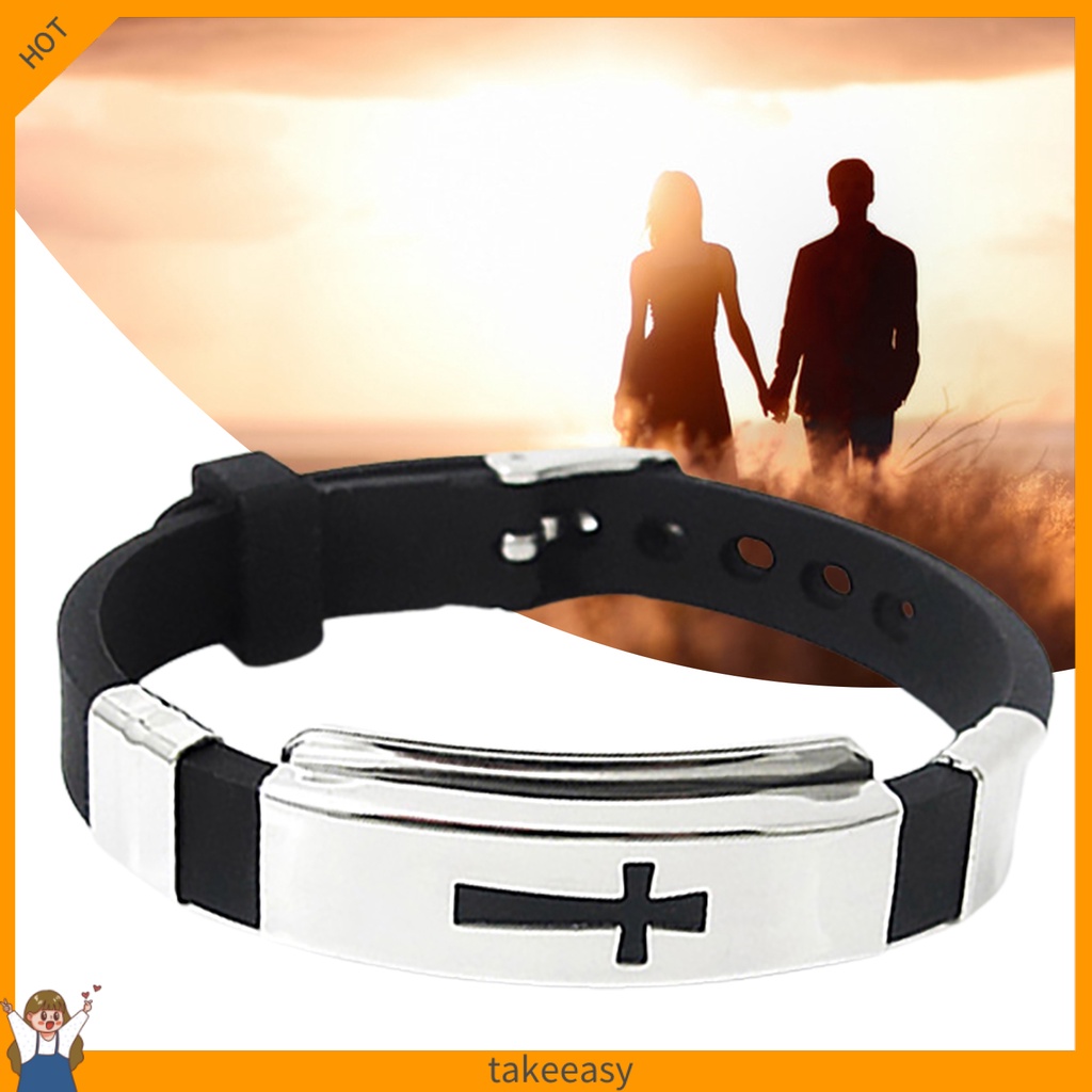 Vòng Tay Cao Su Màu Đen Phối Mặt Thép Không Gỉ Hình Thánh Giá Thời Trang Cho Nam Và Nữ