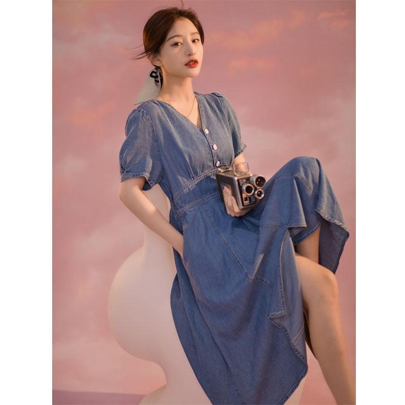 Váy Denim Cao Cấp Xẻ Tà Dáng Ôm Thời Trang Mùa Hè Phong Cách Hong Kong Cổ Điển Cá Tính Mới Cho Nữ