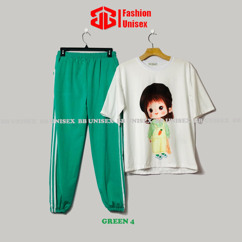 SET BỘ THUN JOGGER 3 SỌC - QUẦN XANH LÁ, ÁO CARTOON From Rộng Unisex , THOÁNG MÁT, Freesize DƯỚI 65KG - 2BI UNISEX