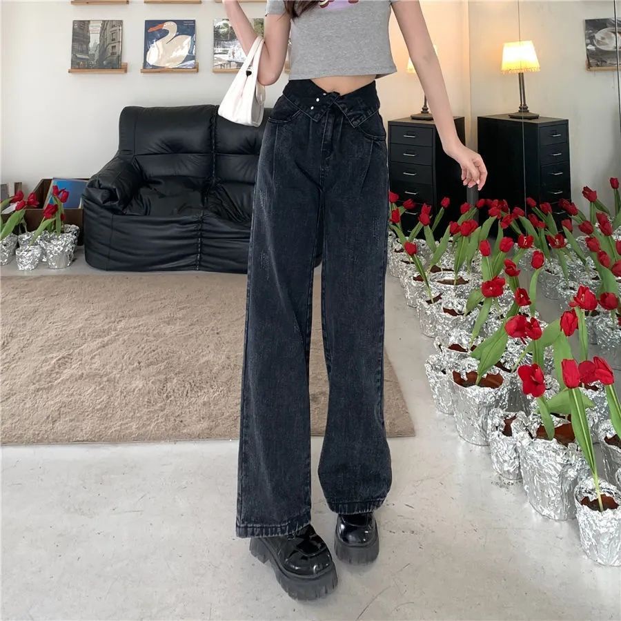 Jiashucheng Hàng Có Sẵn Quần Jean Nữ Lưng Cao Ống Rộng Phong Cách Retro Mùa Hè Mới