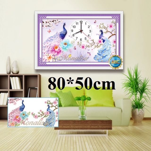 Tranh đính đá thanh lý Đồng hồ đôi công Y8287 80X50cm