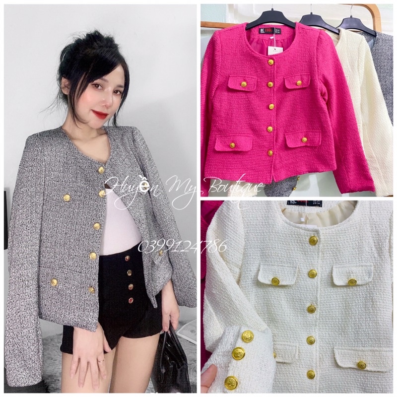 Áo Dạ Tweed Dáng Ngắn 2 lớp khuy vàng Sang Chảnh / Áo khoác Dạ Tweed Quảng Châu