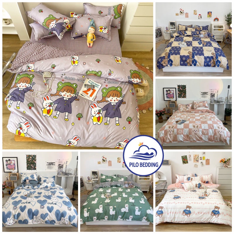 Bộ chăn ga gối Cotton Poly PILO BEDDING đáng yêu mẫu mới nhất gồm Vỏ chăn mền,drap ga giường và 2 vỏ gối nằm