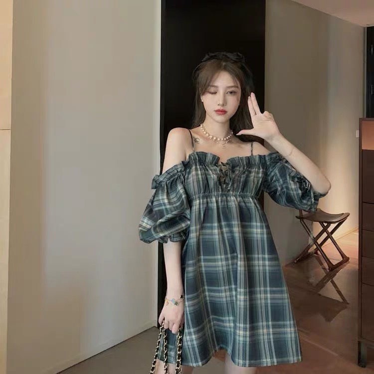 Váy tiểu thư kẻ caro tay bồng trễ vai 2 dây cực xinh