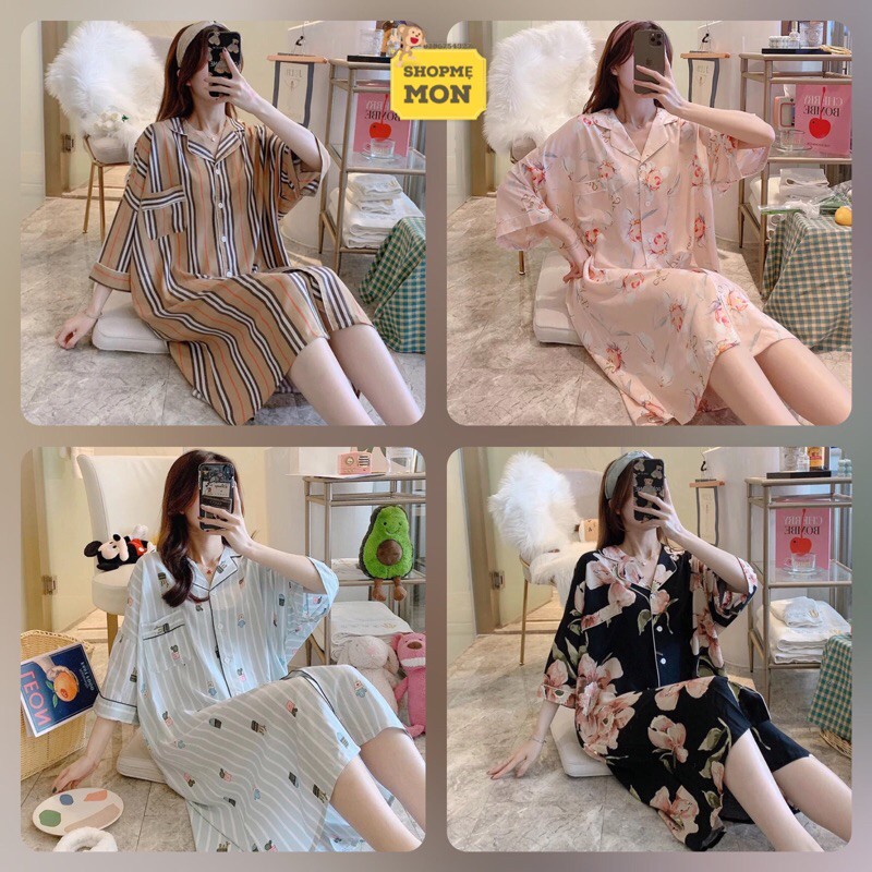 Váy Pijama Lanh Lụa Tay Lỡ Siêu Mát ( Bầu To Mặc Được) Hàng Nhập Quảng Châu