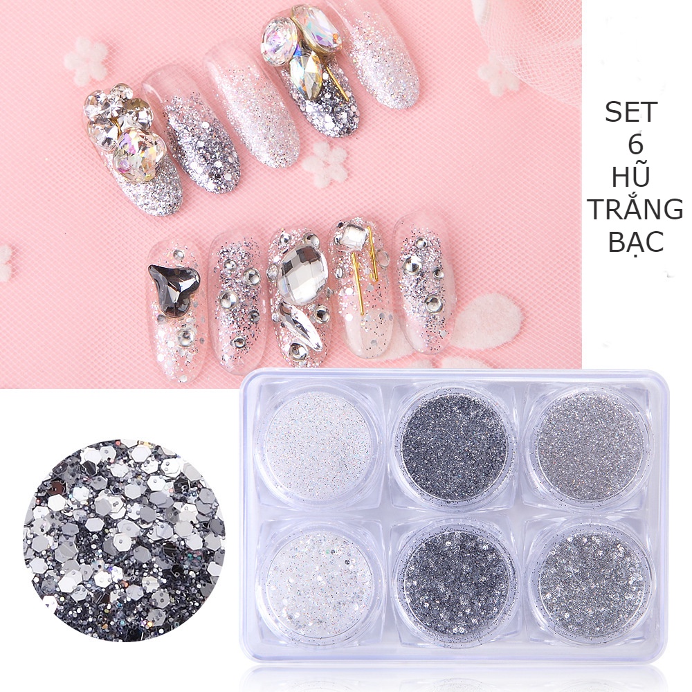 Set nhũ rắc móng nail kim tuyến vàng trắng , Set 6 hũ nhũ cát mịn Yapas ánh màu kim cương trang trí móng tay