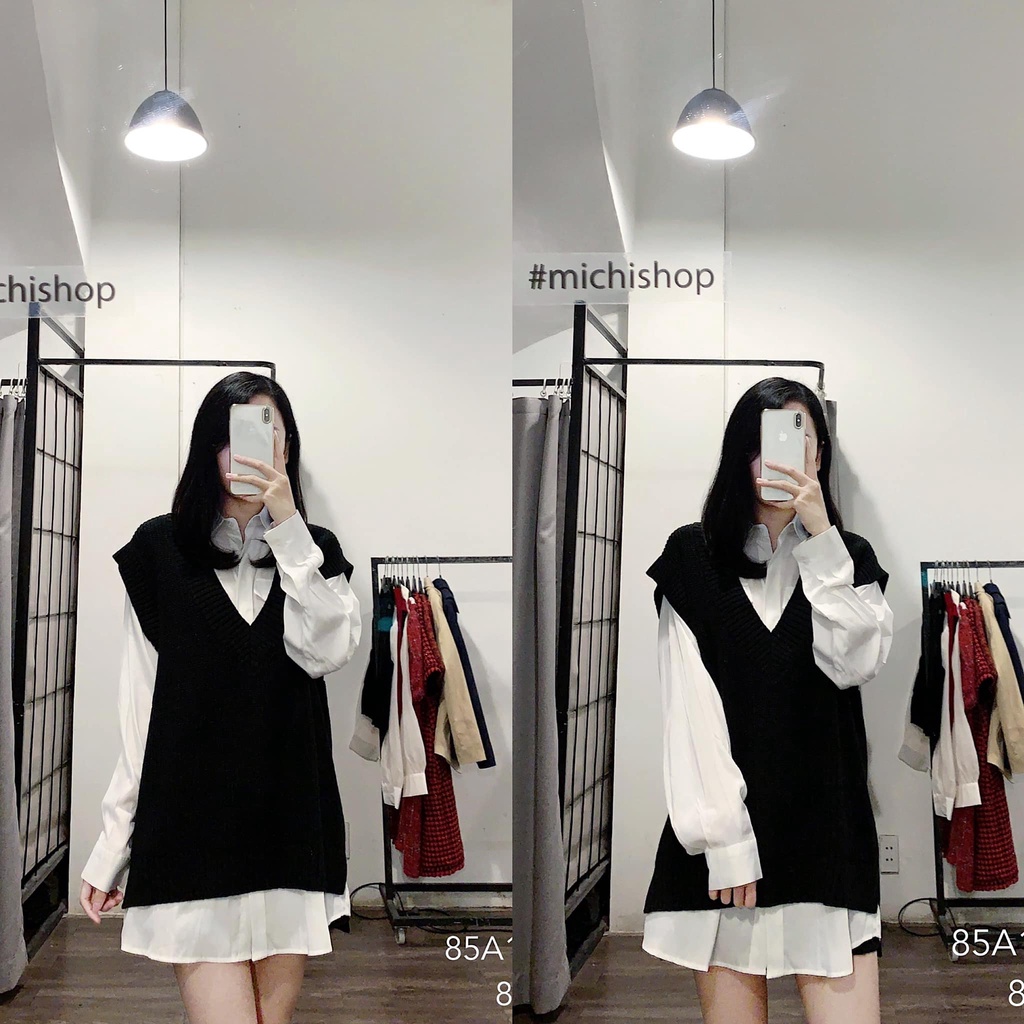 Áo gile len cổ tim màu đen - 85A15
