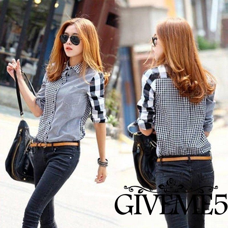 Áo sơ mi phối họa tiết ca rô trẻ trung dành cho nữ