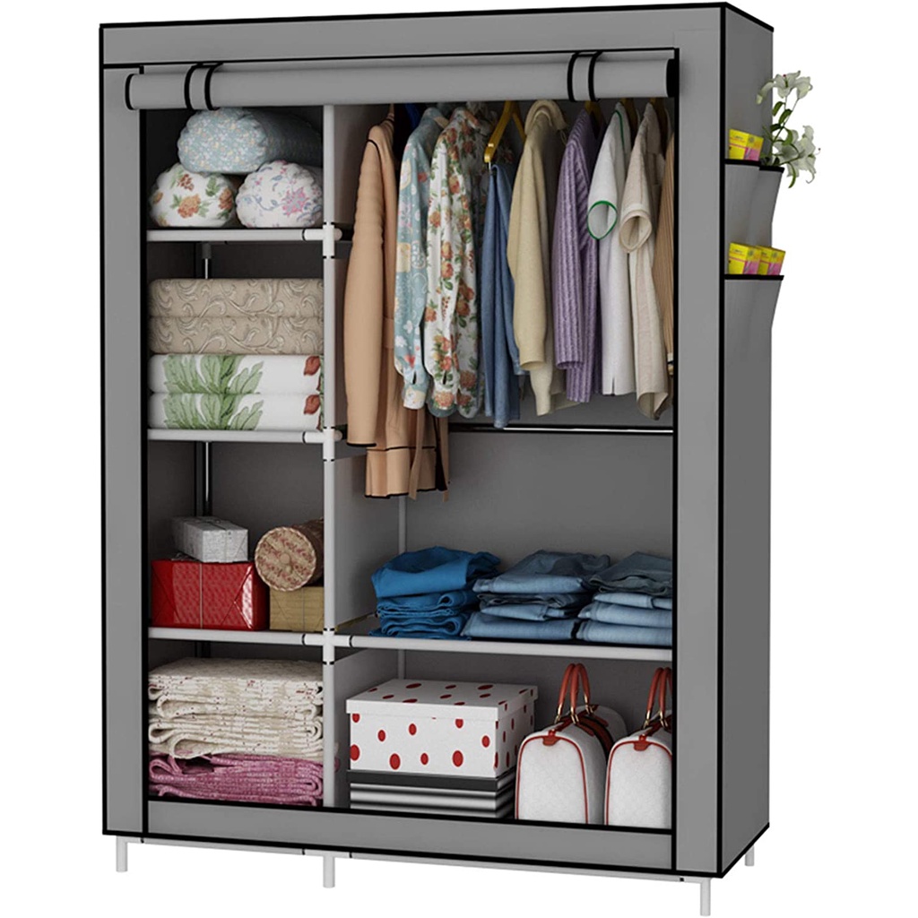 (Cao Cấp) Tủ Vải 2 Buồng 6 Ngăn Rộng Thoáng Mở Khung Nhựa Thanh Chống Thép J0316