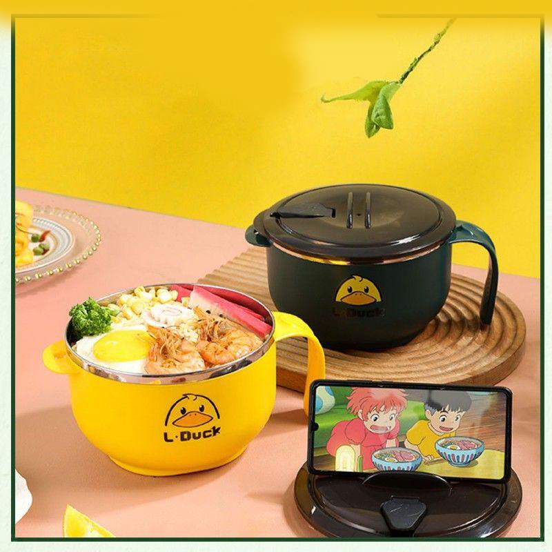 Bát ăn mì, bát ăn cơm inox giữ nhiệt có nắp đậy 1 lít vịt vàng, xanh cute, bát inox 2 lớp cách nhiệt có nắp đậy kín