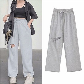 Quần Nỉ Ống Rộng Lưng Cao Rách Gối La Tưa URI dành cho nam nữ,Quần Baggy Cạp Cao Thun Dài Rách Đùi Unisex ULZZANG
