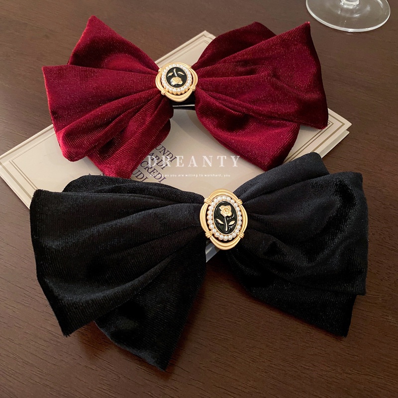 Kẹp Tóc Nơ Vải Nhung Đính Ngọc Trai Thời Trang Hàn Quốc Cho Nữ