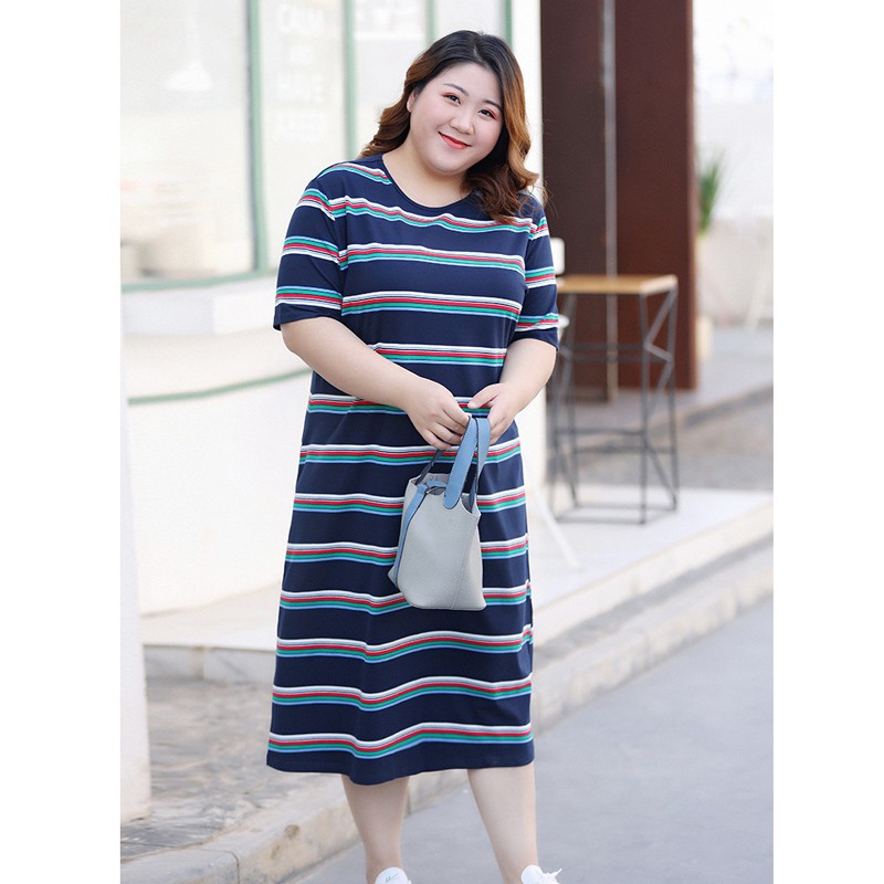 Đầm Cotton Thể Thao Dáng Rộng Co Giãn Tốt Kẻ Sọc Ngang Size Xl-6Xl 120kg