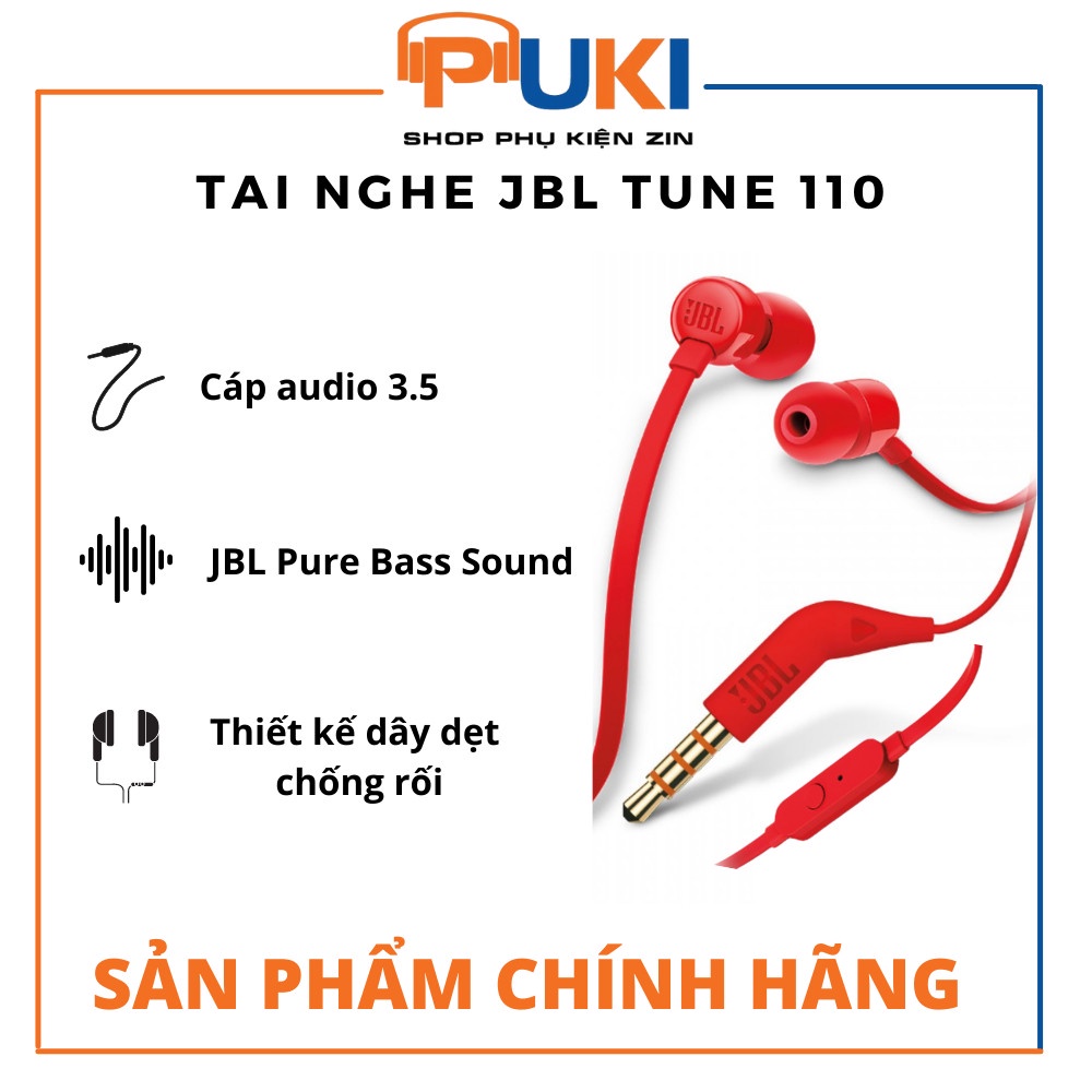 Puki shop / Tai nghe JBL TUNE110 có mic, dây chống rối, bass tròn trịa và chắc - tặng kèm dây da quấn tai nghe