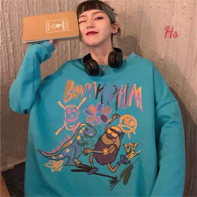 áo nỉ bông cổ tròn dài tay dáng rộng sweater vẽ khủng long người tiền sử Hs TC