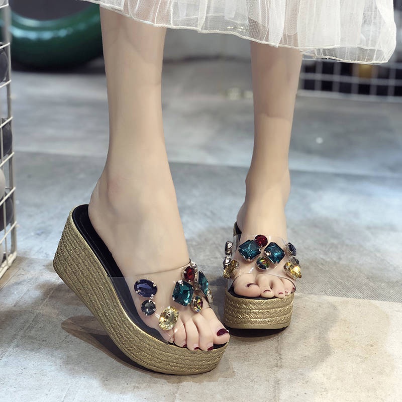 Dép Sandal Đế Xuồng Dày Quai Trong Suốt Đính Đá Dễ Phối Đồ Thời Trang Mới