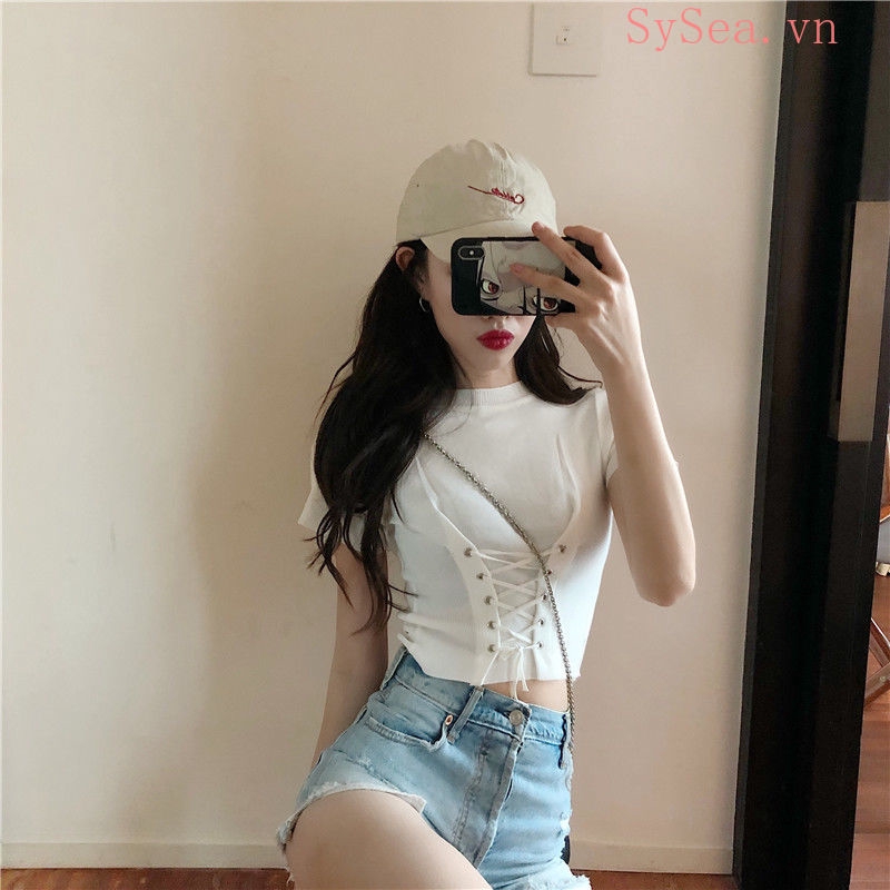 Áo Croptop Dệt Kim Tay Ngắn Thiết Kế Đơn Giản Hợp Thời Trang