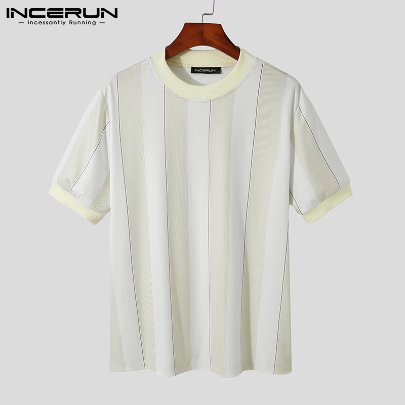 Áo thun Incerun ngắn tay cổ tròn họa tiết kẻ sọc 3 màu thời trang cho nam