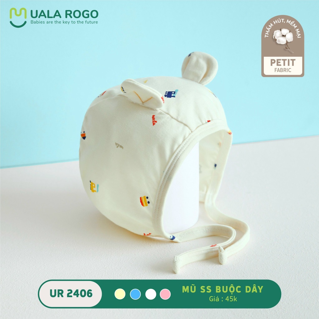 Mũ cho bé sơ sinh Uala rogo buộc dây 0-6 tháng vải sợi tre Bamboo mềm mịn khử khuẩn chắn tia UV