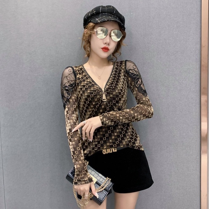 Áo lưới dài tay Áo thun dài tay nữ Cổ Chữ v In Họa Tiết Da Báo Phong Cách Mới