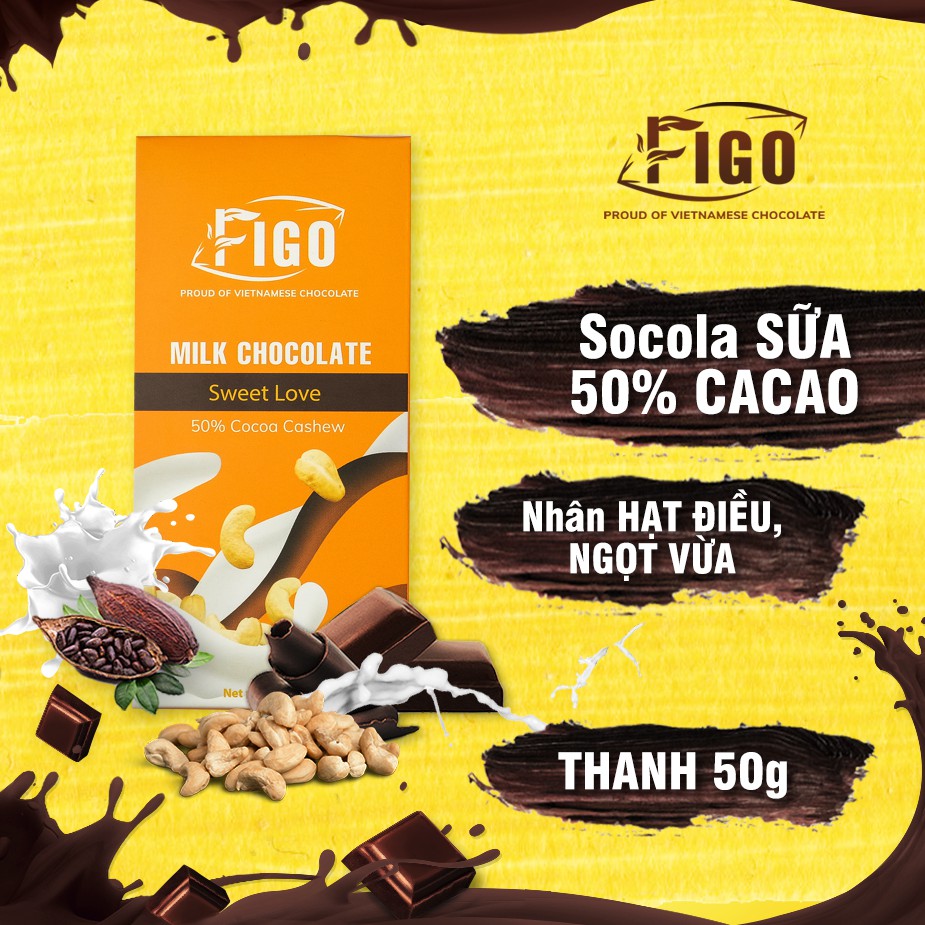 [Chính hãng] Socola sữa 50% Cacao nhân Hạt Điều hiệu ChocolateFigo | Milk Chocolate Cashew Thanh 50gr ĂN LÀ NGHIỀN