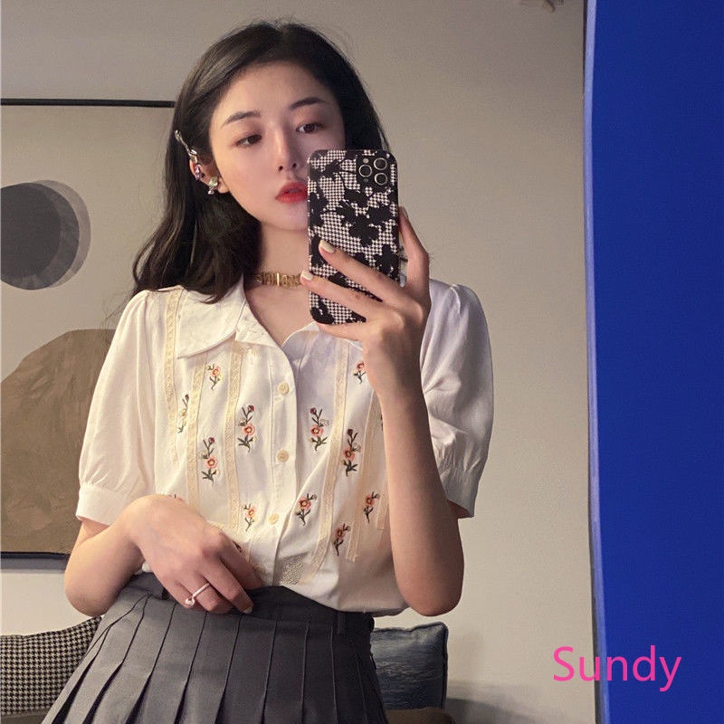 Áo Sơ Mi cổ đứng Ngắn Tay Họa Tiết Hoa Phong Cách Vintage Pháp