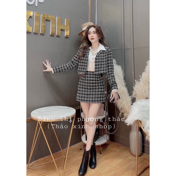 Set áo sơmi + sơmi croptop + chân váy sọc karo