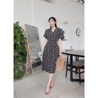 Đầm maxi hoa đen cổ vest sang trọng size 45-75kg