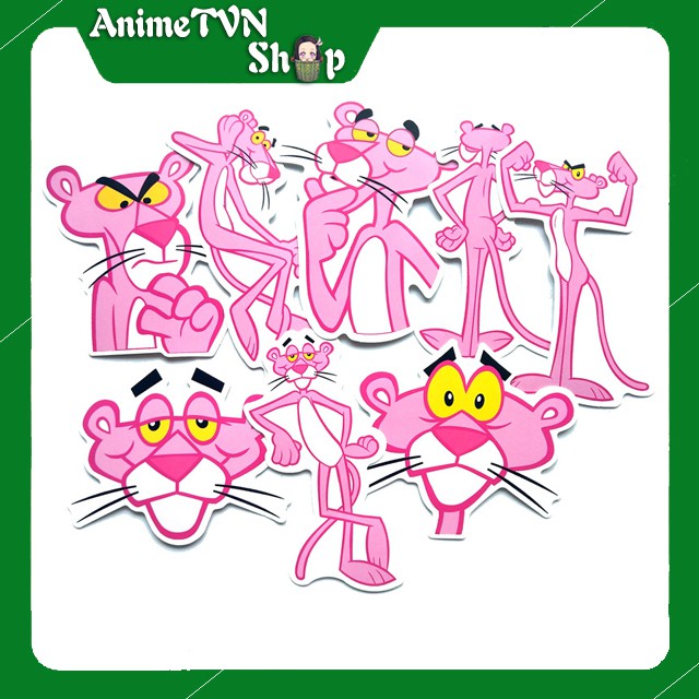 Miếng dán Sticker Chú Báo hồng (Pink Panther)  trọn bộ 10 hình - In rõ ràng sắc nét khó tróc