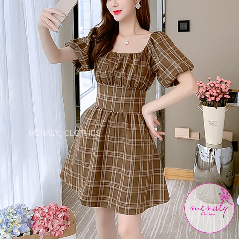 Váy xòe nữ chữ A cổ vuông tay bồng V01, mẫu váy cổ vuông ôm eo tôn dáng màu kết hợp, kiểu dáng nữ tính | BigBuy360 - bigbuy360.vn